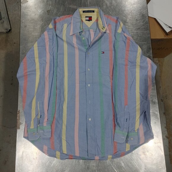 Excellent Condition Tommy Hilfiger Casual Button Shirt Blue Striped Size L - Picture 1 of 3